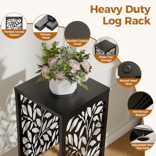 4ft firewood rack with leaf pattern, fire wood, front angle view