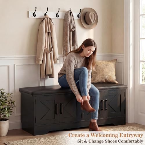 armocity 43.3" farmhouse shoe storage bench with cushion shown in use