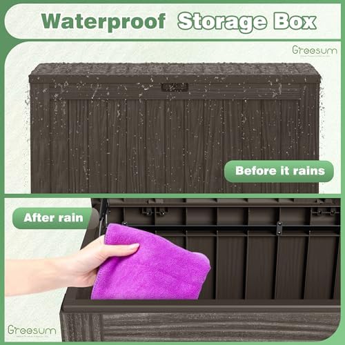 greesum outdoor storage box 120 gallon storage bin shown in use