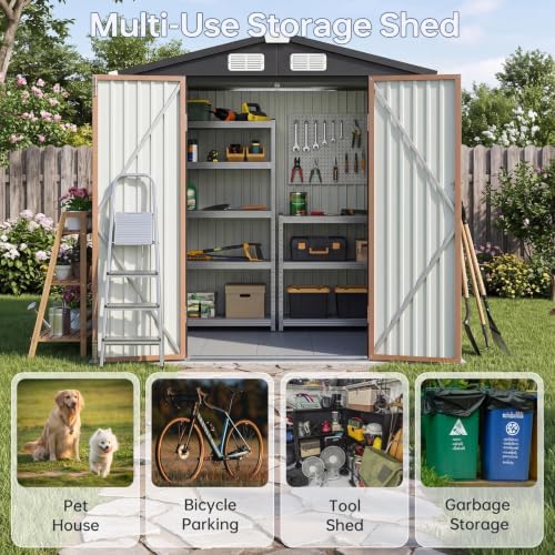 6x4ft outdoor storage shed with floor brown showing dimensions
