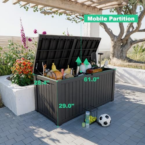 180 gallon deck box, waterproof resin outdoor storage shown in use