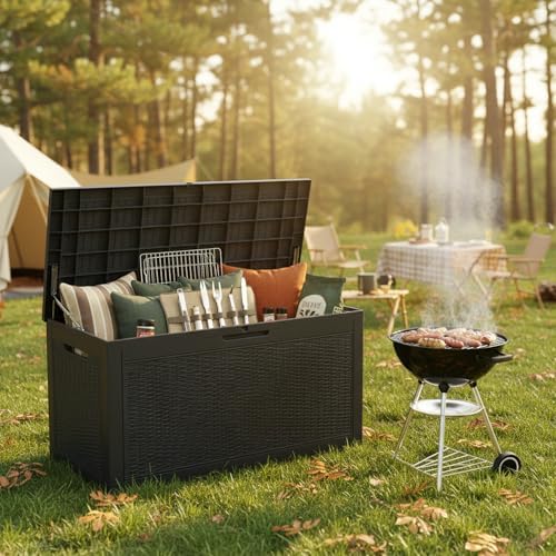 102 gallon resin outdoor storage box, waterproof deck showing dimensions