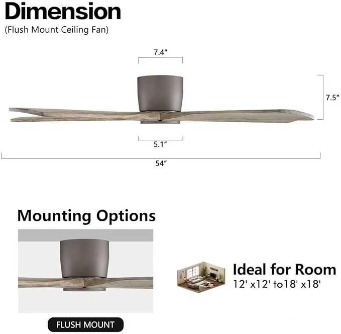 WINGBO 54" Flush Mount DC Ceiling Fans without Lights, 5 Carved Solid Wood - Image 4