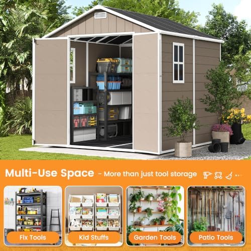 udpatio 8x8 ft resin storage shed, plastic outdoor showing dimensions