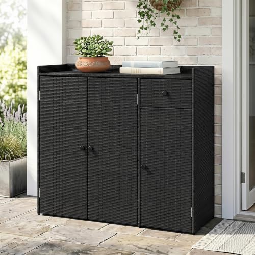 tangkula rattan outdoor storage cabinet with 2 adjustable, front angle view