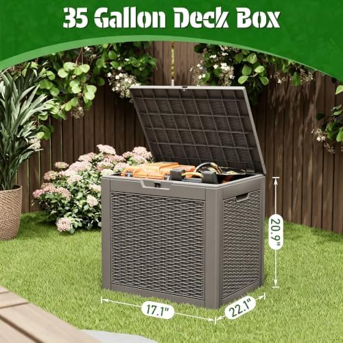outdoor storage box waterproof, 35 gallon deck box shown in use
