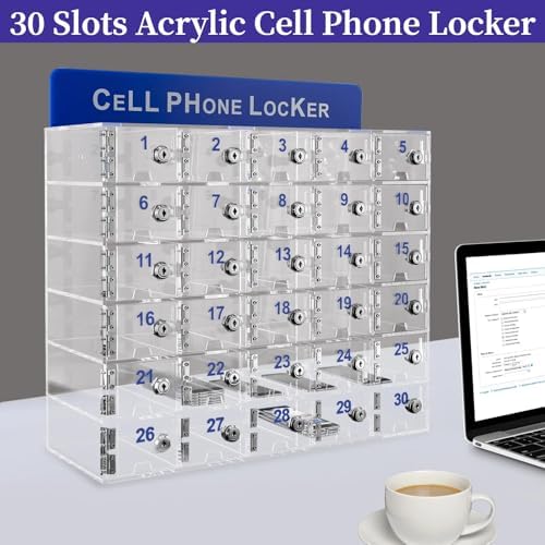 30 slots acrylic clear cell phone locker box, close-up detail