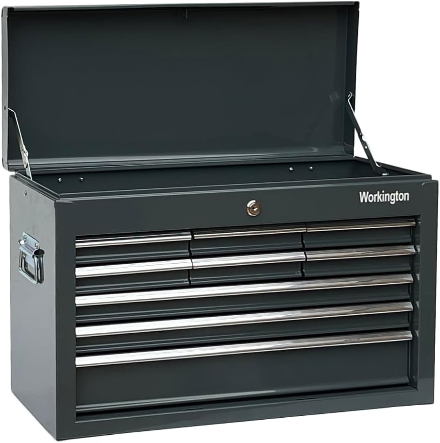 workington portable metal tool chest with 9 drawers, close-up detail