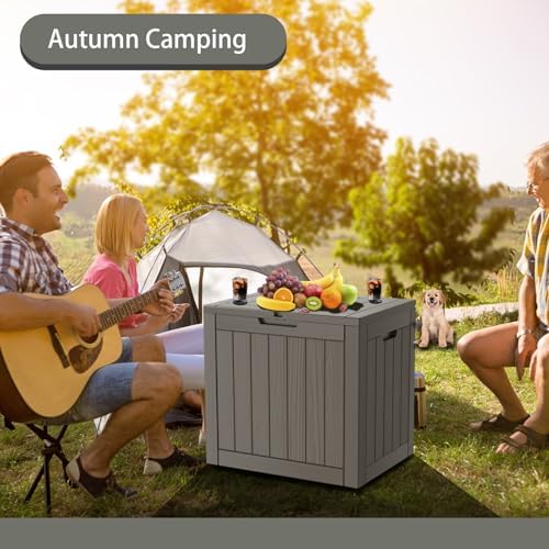 outdoor storage box waterproof, 35 gallon lockable resin, front angle view