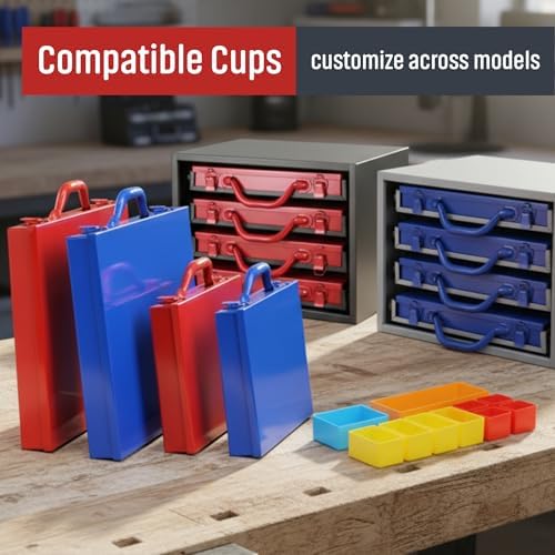 metal organizer box with 10 removable compartments, red on a desk or shelf