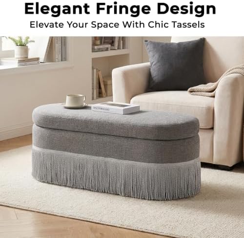39.4“storage ottoman bench with tassels, oval end of, close-up detail