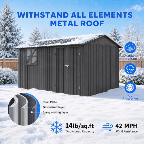 10x12 ft outdoor storage shed, large metal garden, front angle view