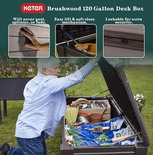 keter brushwood outdoor storage deck box,120 gallon, brown, close-up detail