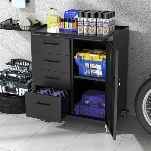 metal garage storage cabinet on wheels, lockable rolling shown in use