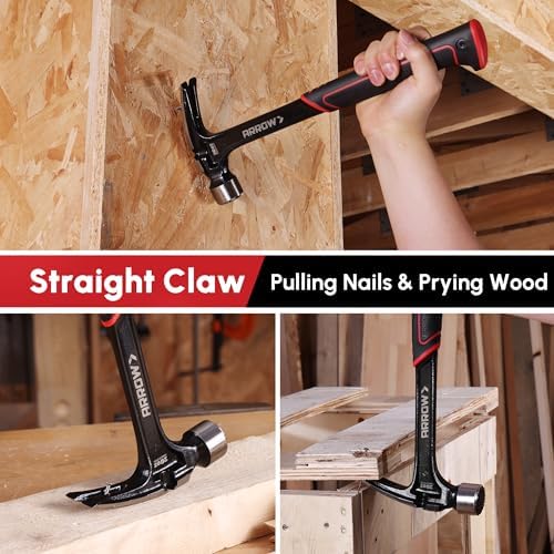 ARROW 20 oz Straight Claw Hammer with Magnetic Nail Holder, Side Nail Puller, Rip Claw Hammer with Milled Face & Shock Absorbing Grip, Heavy Duty One-piece Forged Hammer (Pack of 2)