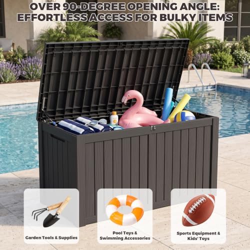 outdoor storage box, 180 gallon waterproof deck box, front angle view