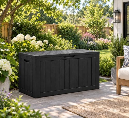kamaboko outdoor storage box, 150 gallon deck box on a desk or shelf