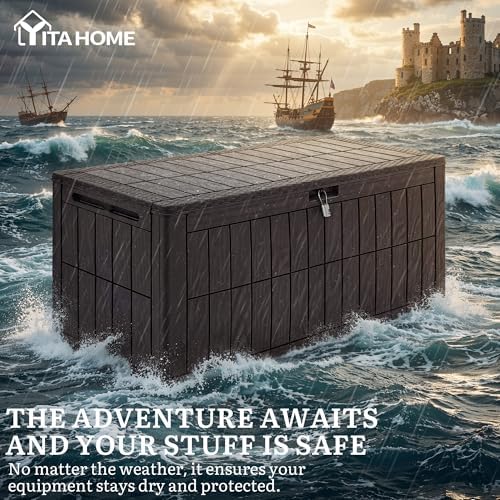 yitahome 110 gallon outdoor deck box showing dimensions