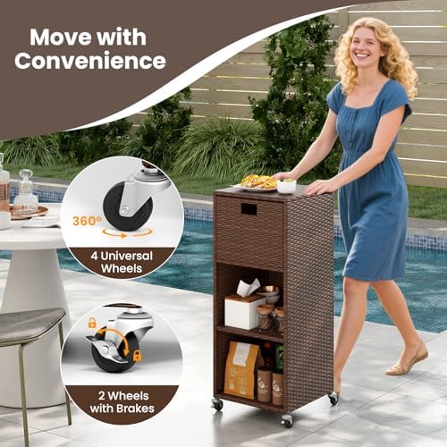 tangkula rattan outdoor storage cabinet with 4 wheels, front angle view