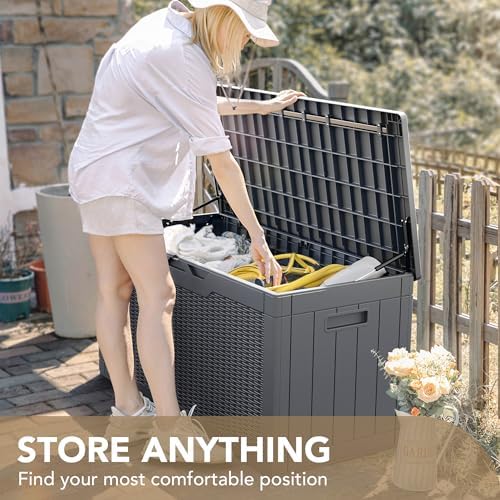 devoko 100 gallon waterproof deck box, resin large on a desk or shelf