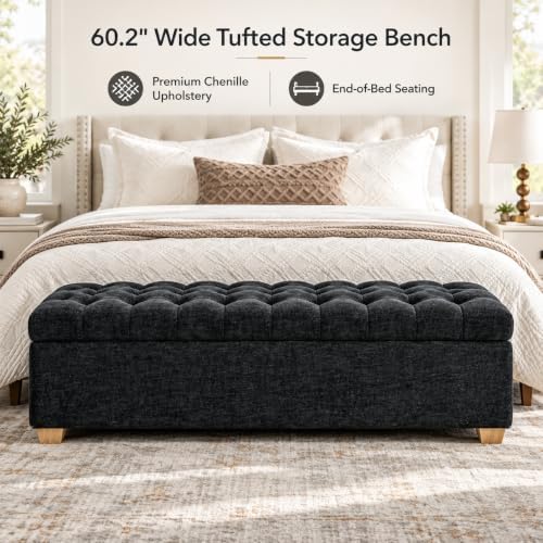 60" storage bench, modern glam chenille ottoman for shown in use