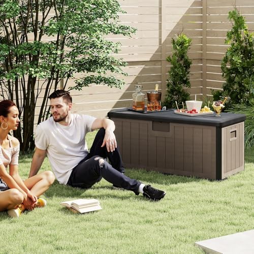 happygrill 100 gallon outdoor storage deck box with shown in use