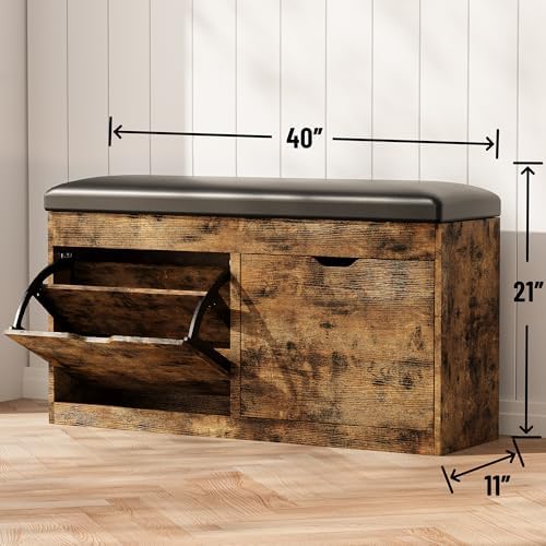 40" shoe storage bench with 2 flip drawers shown in use