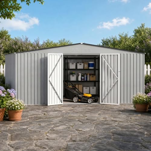 12 ft outdoor storage shed, heavy-duty galvanized steel on a desk or shelf