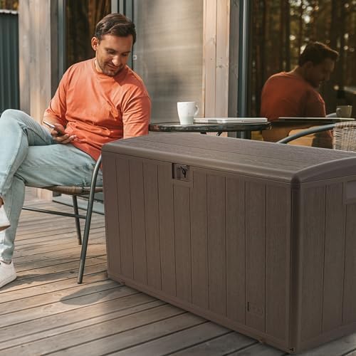 plastic development group outdoor deck box, soft close showing dimensions