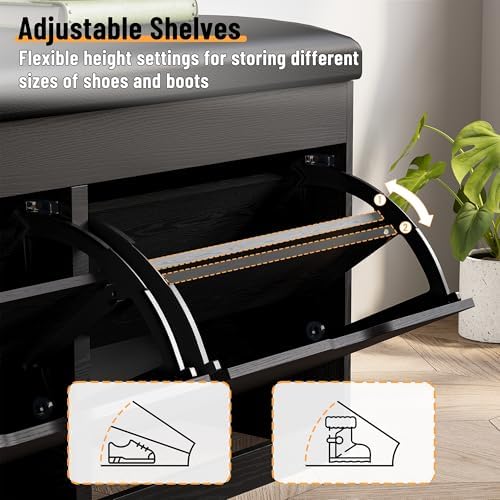 40" shoe storage bench with flip drawers padded showing dimensions
