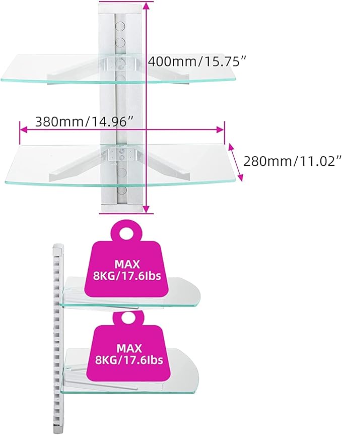 suptek 2 Tiers Glass Floating Shelves, Flat Black Wall Mount Bracket, AV Shelf - Image 6