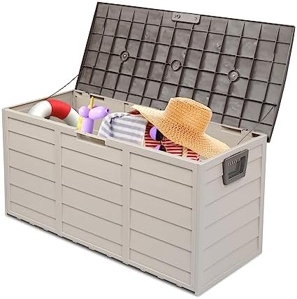 ssline outdoor storage deck box, 75 gallon capacity shown in use