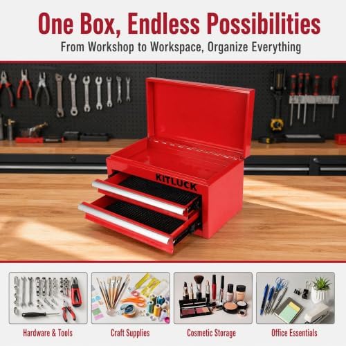 kitluck mini metal tool box, 2-drawer top chest on a desk or shelf