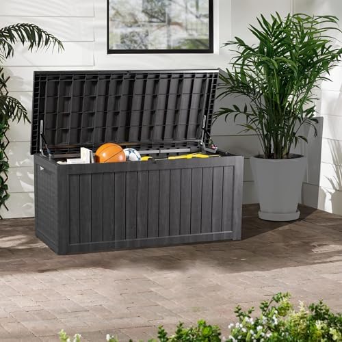 280 gallon outdoor storage box, waterproof resin deck, front angle view