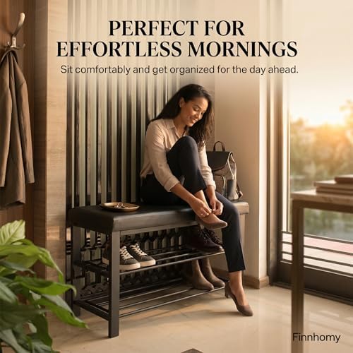 finnhomy entryway shoe rack with cushioned seat, shoe on a desk or shelf