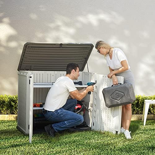 horizontal outdoor garden storage shed for backyards and showing dimensions