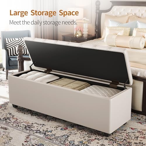 38" white faux leather ottoman storage bench with, close-up detail