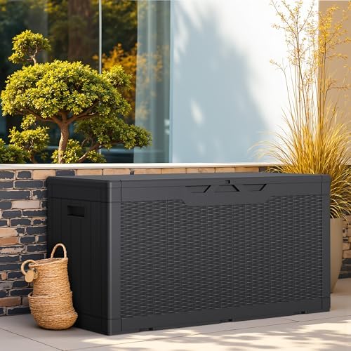 greesum outdoor storage box 100 gallon storage bin shown in use