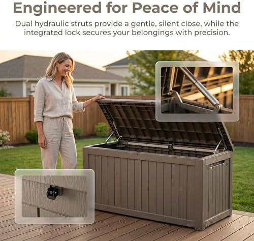 outdoor storage box resin deck box waterproof gray shown in use