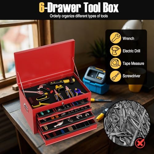 tool box, 6-drawer steel tool chest with top, close-up detail