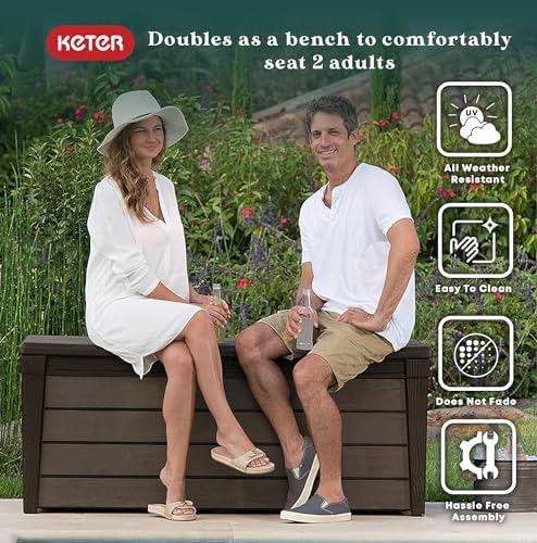 keter brushwood outdoor storage deck box,120 gallon, brown shown in use