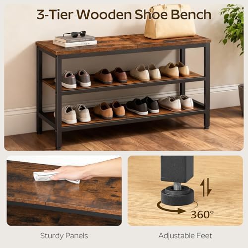 yatiney wooden shoe bench, 3-tier shoe rack, sturdy, front angle view