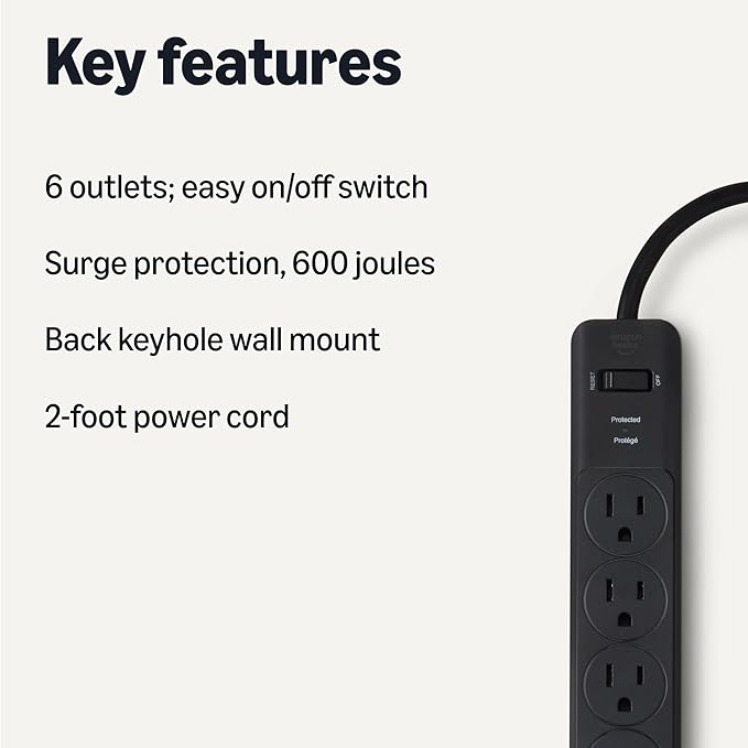 Amazon Basics Rectangle 6-Outlet, 600 Joule Surge Protector Power Strip - Image 2