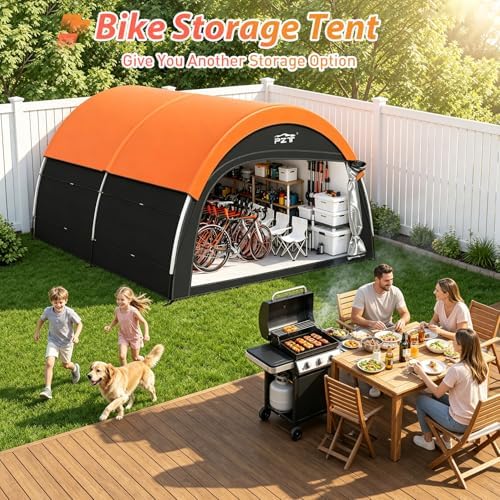 upgraded bike tent with rain cover, outdoor storage, close-up detail