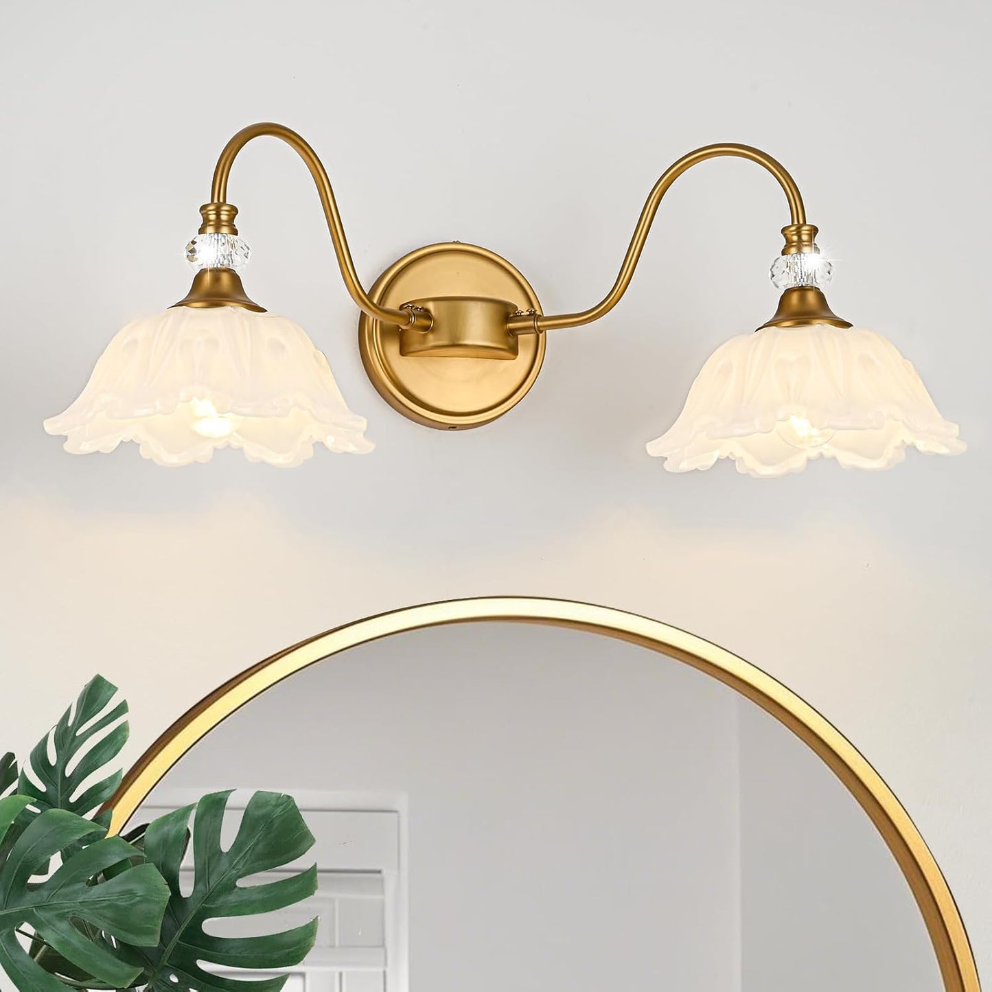 Vintage Bathroom Vanity Light, 2-Light Matte Brass Finish Vanity Light with Floral White Glass Shades, Retro Wall Sconce for Bathroom, Dressing Table