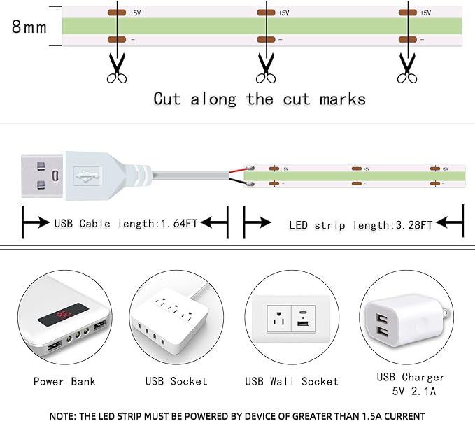 LED Strip Lights ICE Blue COB 320 LEDs High Brightness Indoor Use Flexible Thin - Image 6