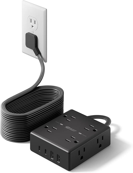 20Ft Long Extension Cord, Flat Plug Power Strip Surge Protector, 8 Outlet 4 USB by SUPERDANNY