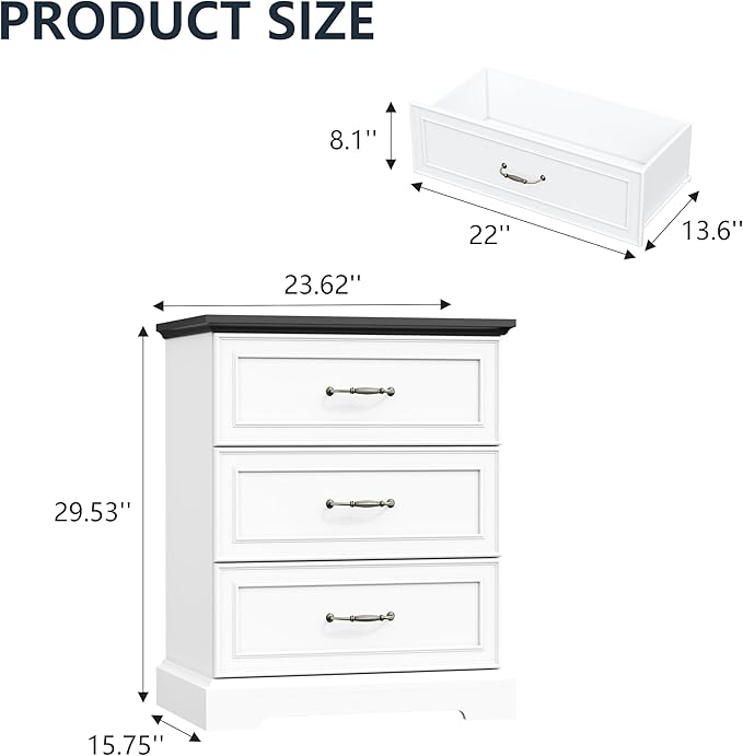 Nightstand with 3 Large Drawers, Rustic Farmhouse Wood Small Dresser, Bedside - Image 2