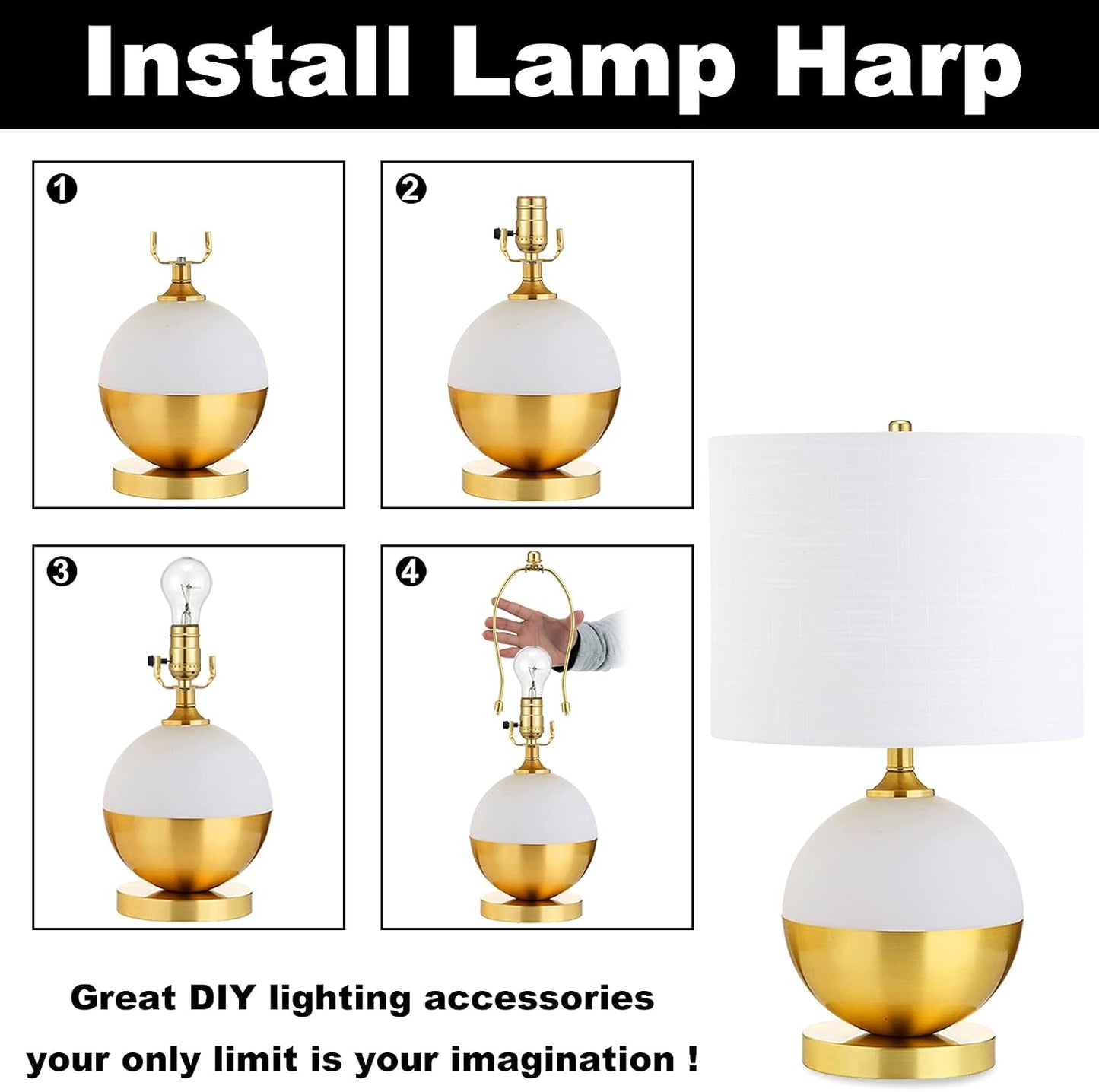 Brass 8 Inch Lamp Harp - 2 Set, Detachable Shade Holder for Table & Floor Lamps, Heavy Duty Bracket with Standard Saddle & Finial
