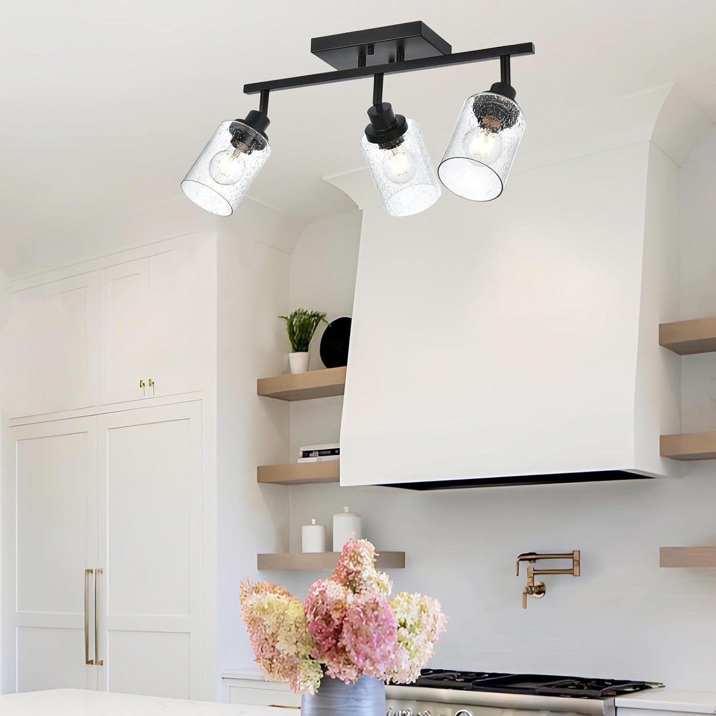 3-Light Black Track Lighting Kit Ceiling Mount Kitchen Track Lighting Fixtures, Bathroom Ceiling Tracking Vanity Light with Bubble Seeded Glass Shade & Rotatable Tracking Heads for Accent Shop